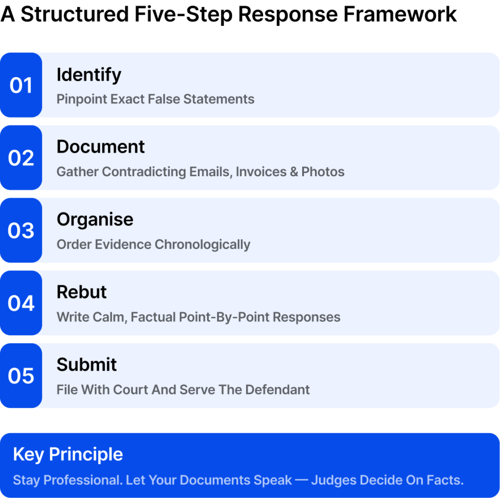 A Structured Five-Step Response Framework:
1. Identify. Pinpoint Exact False Statements
2. Document. Gather Contradicting Emails, Invoices & Photos
3. Organise. Order Evidence Chronologically
4. Rebut. Write Calm, Factual Point-By-Point Responses
5. Submit. File With Court And Serve The Defendant
Key Principle
Stay Professional. Let Your Documents Speak – Judges Decide On Facts.